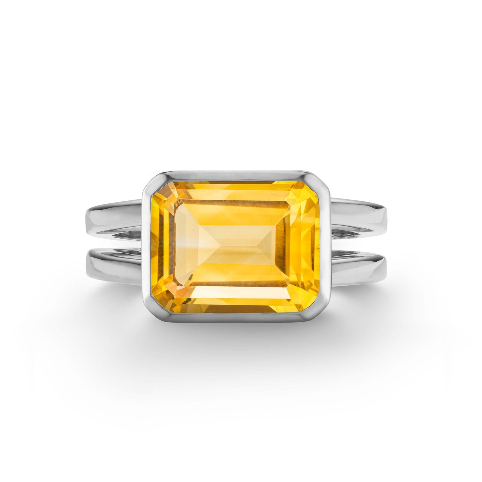 Warren Horizontal Citrine Ring, featuring an Citrine-cut 8 x 10mm Citrine in 14k gold, hand-set horizontally in a 14k white gold bezel - front view.