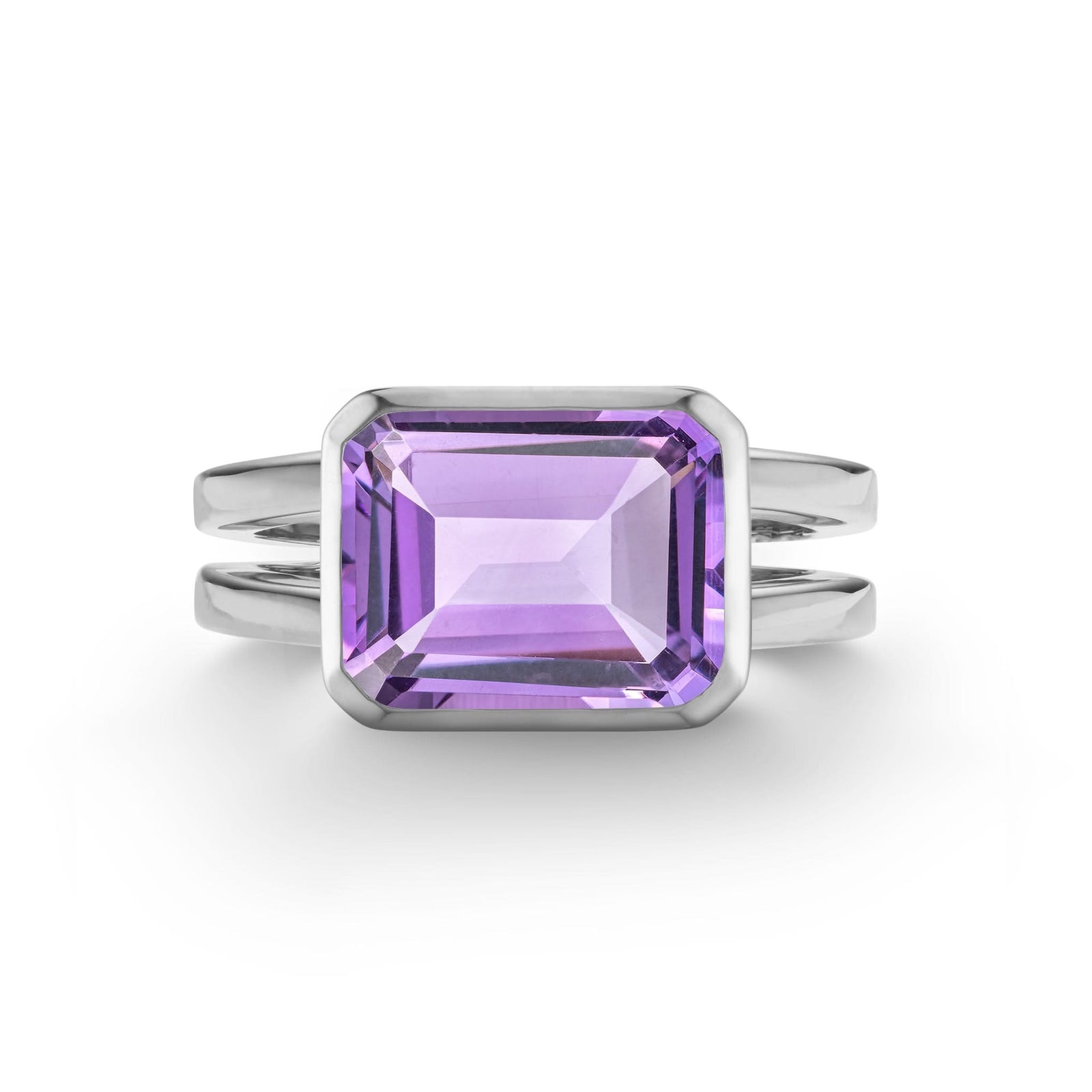 Warren Horizontal Amethyst Ring in 14k white gold, featuring a hand-faceted, bezel-set 8x10mm amethyst - front view