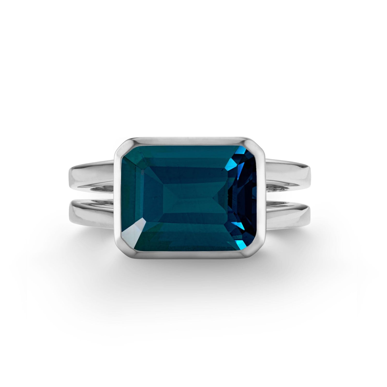 Warren Horizontal Atlantic Blue Topaz Ring, featuring an Atlantic Blue Topaz-cut 8 x 10mm Atlantic Blue Topaz in 14k gold, hand-set horizontally in a 14k white gold bezel - front view.