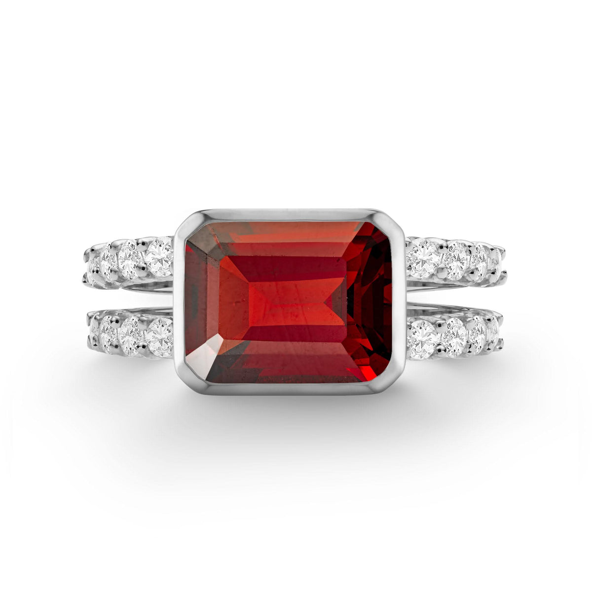 Warren Horizontal Garnet Ring with Diamonds, featuring an 8 x 10mm Garnet and 16 prong-set diamonds in 14k white gold - front view.