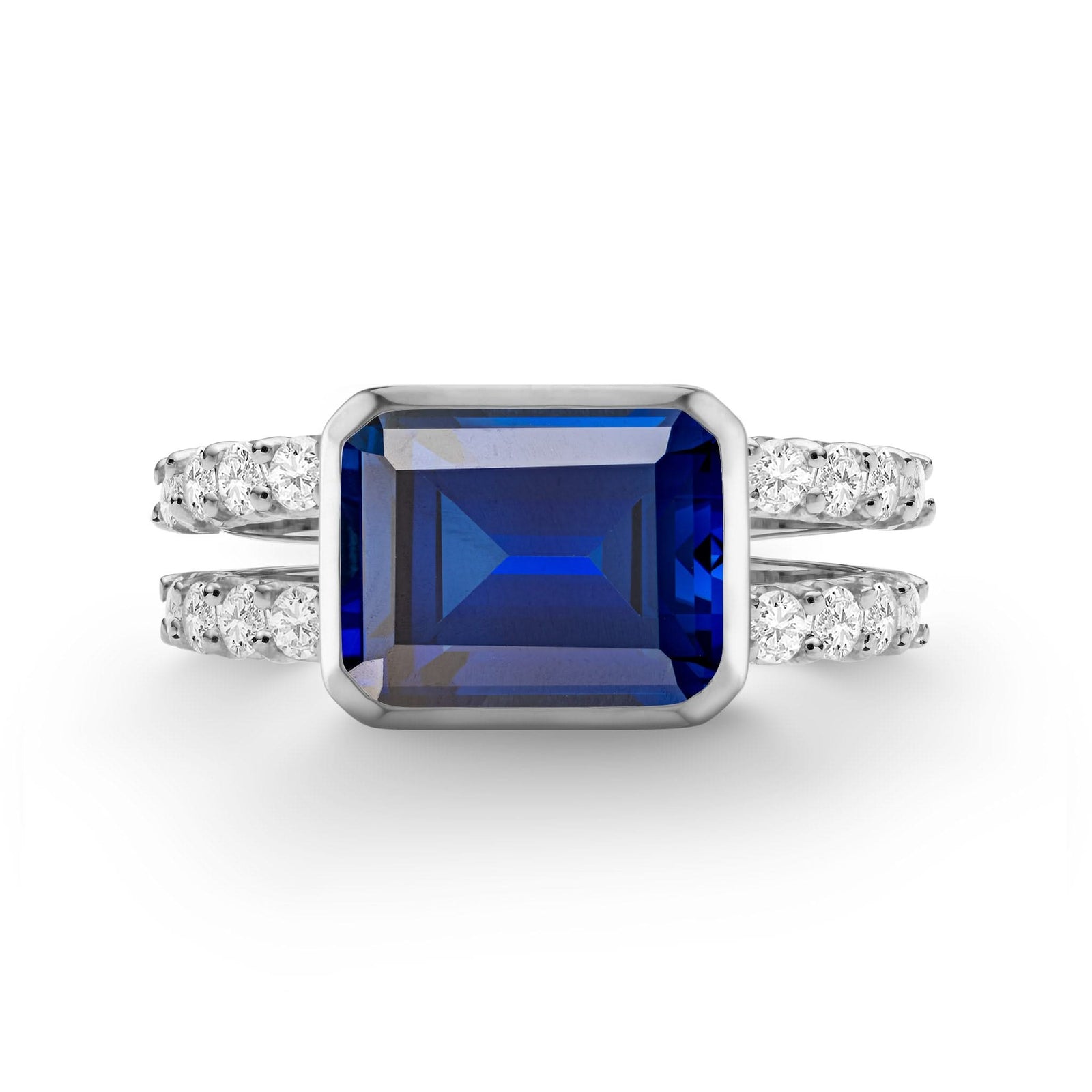 Warren Horizontal Sapphire Ring with Diamonds, featuring an 8 x 10mm Sapphire and 16 prong-set diamonds in 14k white gold - front view.