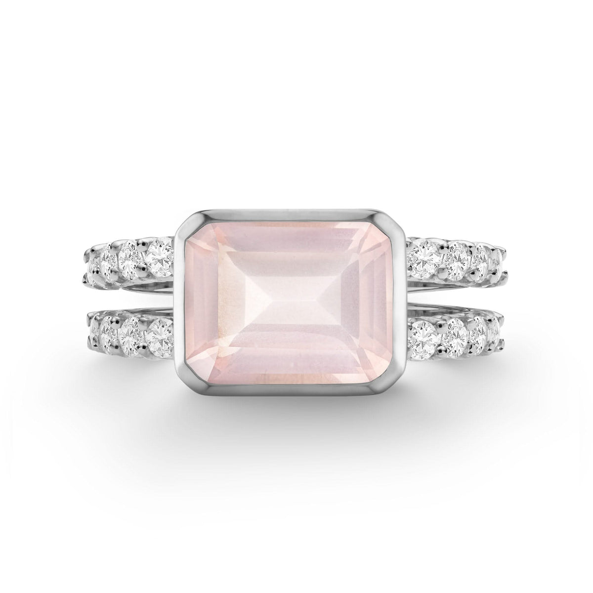 Warren Horizontal Rose Quartz Ring with Diamonds, featuring an 8 x 10mm Rose Quartz and 16 prong-set diamonds in 14k white gold - front view.