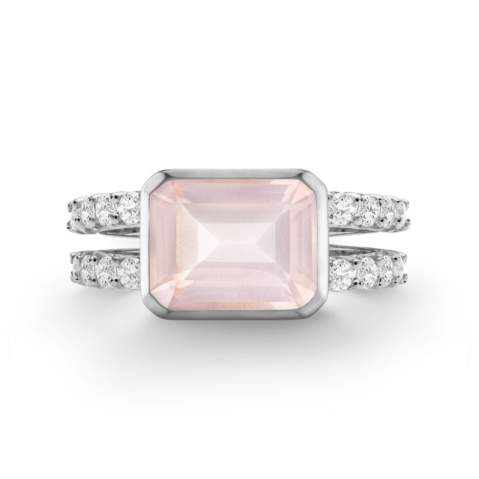 Warren Horizontal Rose Quartz Ring with Diamonds, featuring an 8 x 10mm Rose Quartz and 16 prong-set diamonds in 14k white gold - front view.