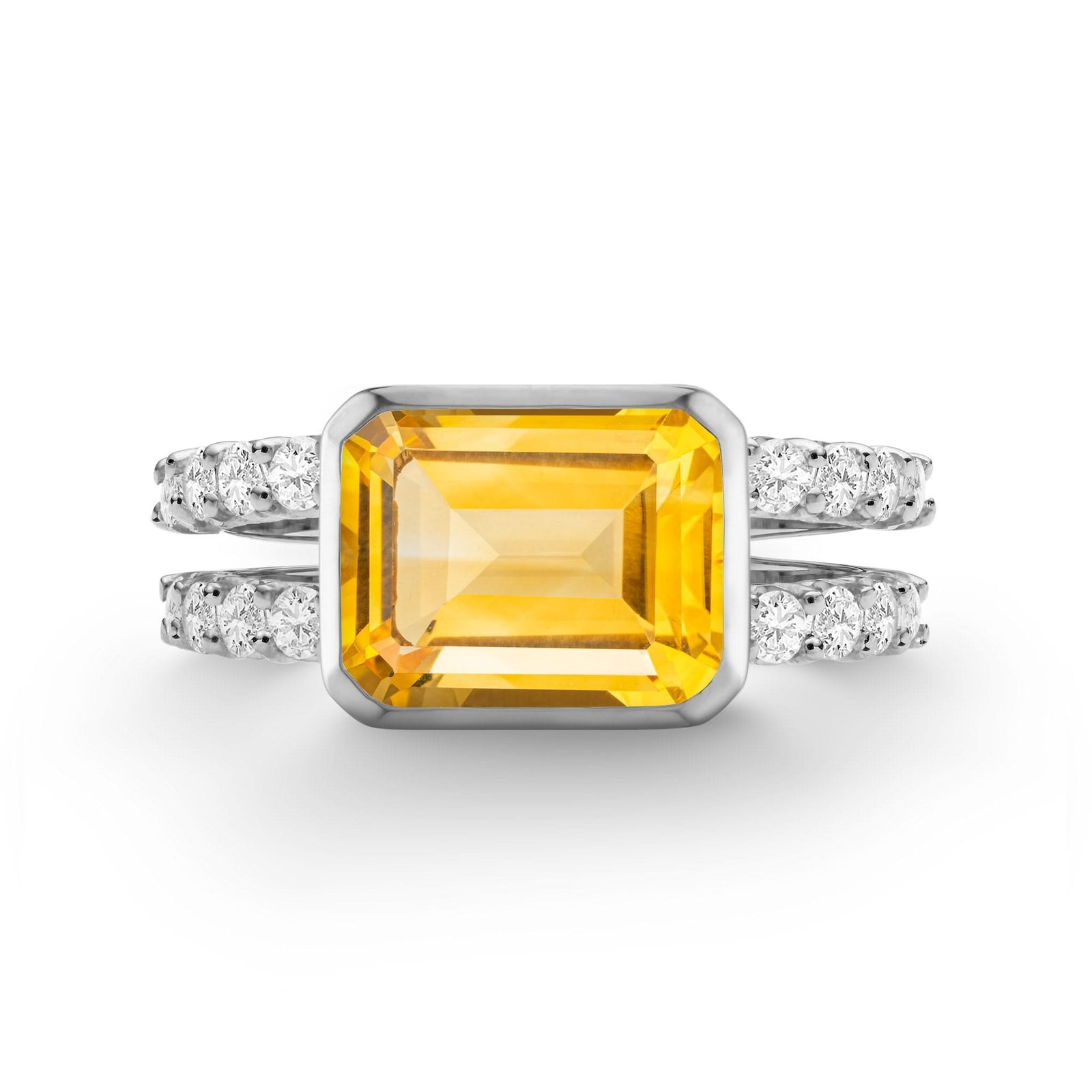 Warren Horizontal Citrine Ring with Diamonds, featuring an 8 x 10mm Citrine and 16 prong-set diamonds in 14k white gold - front view.