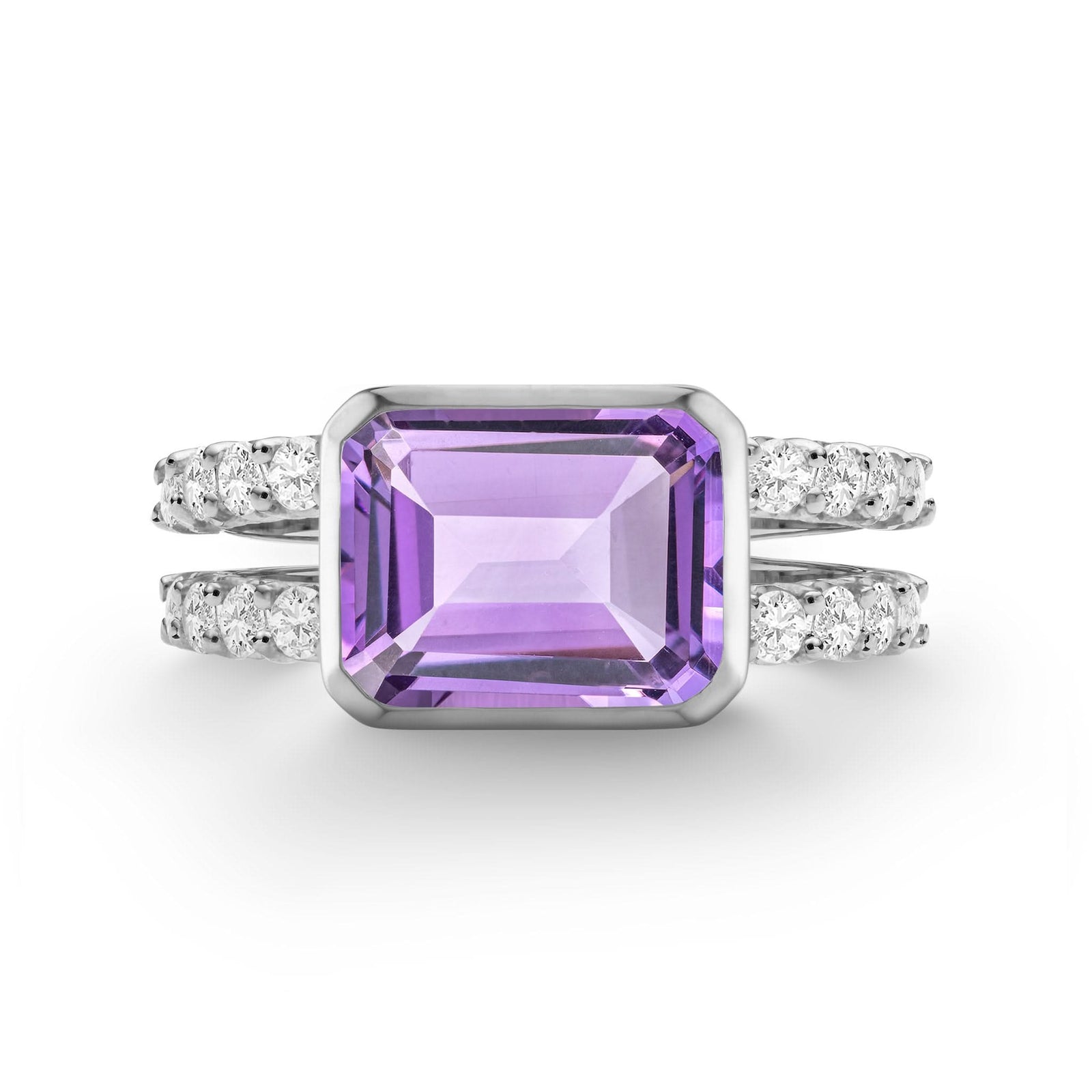 14k white gold Warren Horizontal Amethyst Ring with Diamonds, featuring an 8 x 10mm amethyst and 16 prong-set diamonds - front view