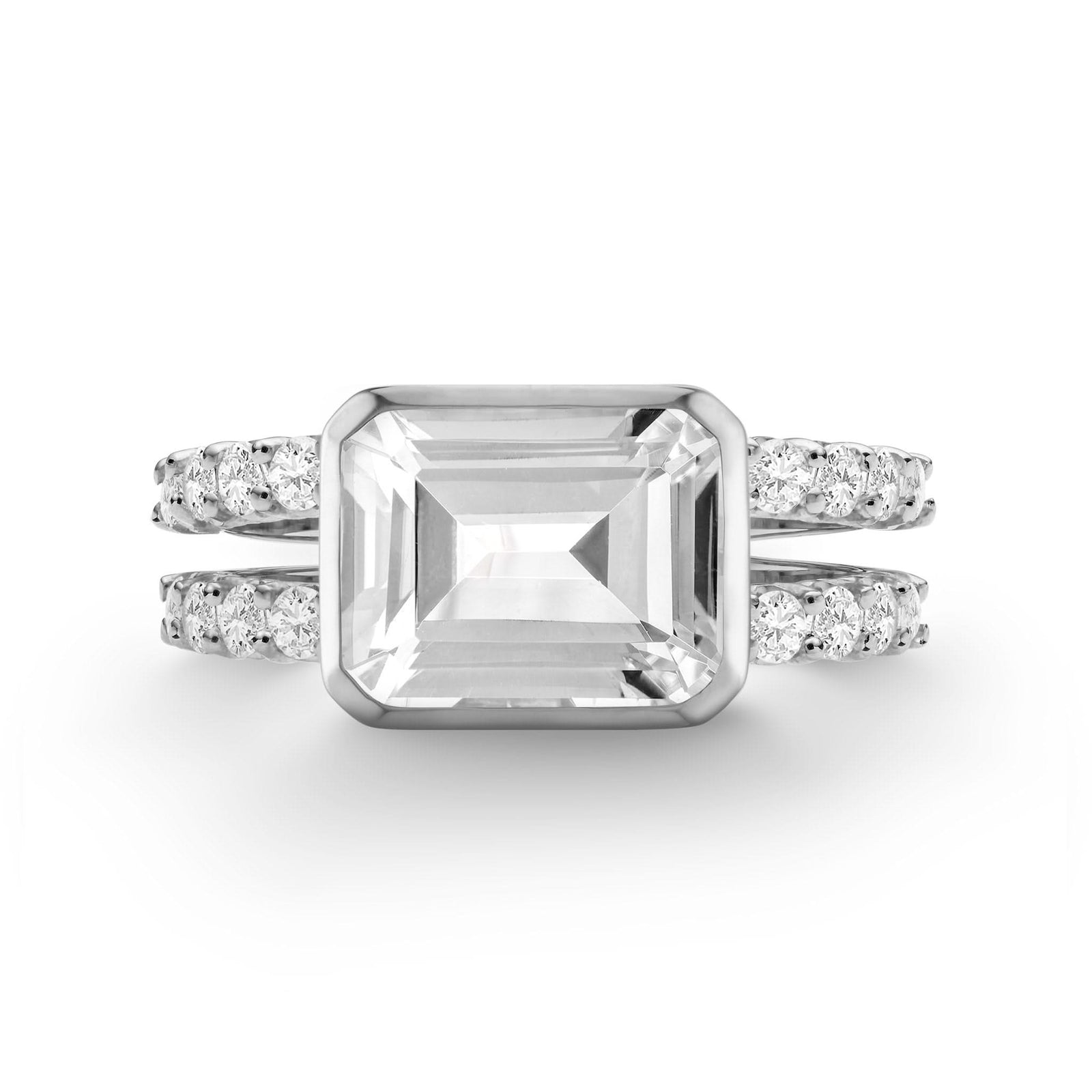 Personalized Warren Horizontal Birthstone Ring with a stunning emerald-cut birthstone, set horizontally and accented with 16 prong-set gemstones in solid 14k white gold