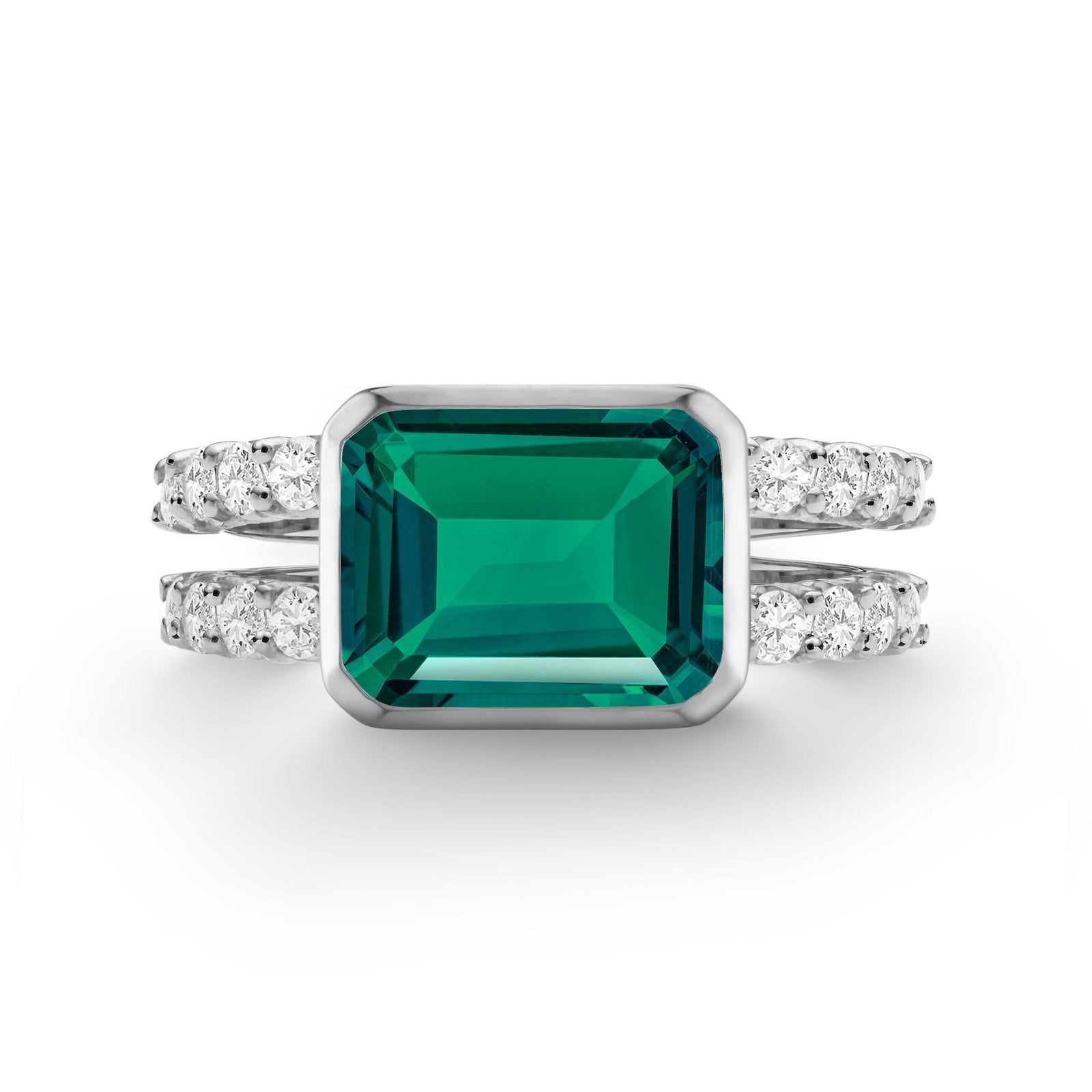 Warren Horizontal Emerald Ring with Diamonds, featuring an 8 x 10mm Emerald and 16 prong-set diamonds in 14k white gold - front view.