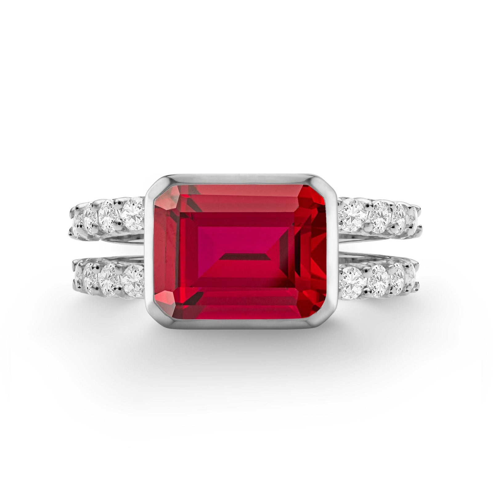 Warren Horizontal Ruby Ring with Diamonds, featuring an 8 x 10mm Ruby and 16 prong-set diamonds in 14k white gold - front view.