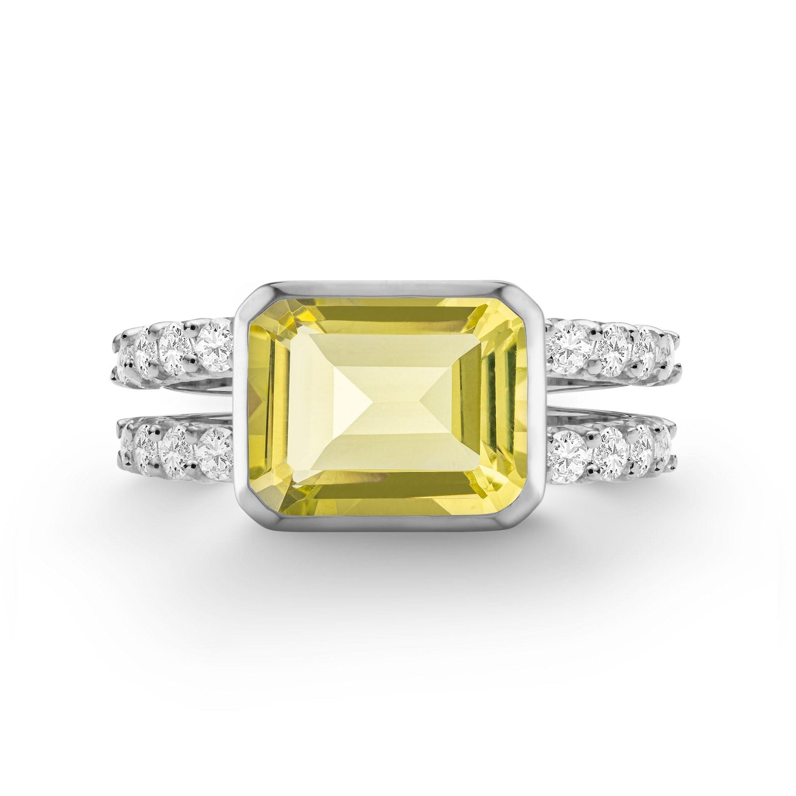 Warren Horizontal Lemon Verbena Quartz Ring with Diamonds, featuring an 8 x 10mm Lemon Verbena Quartz and 16 prong-set diamonds in 14k white gold - front view.