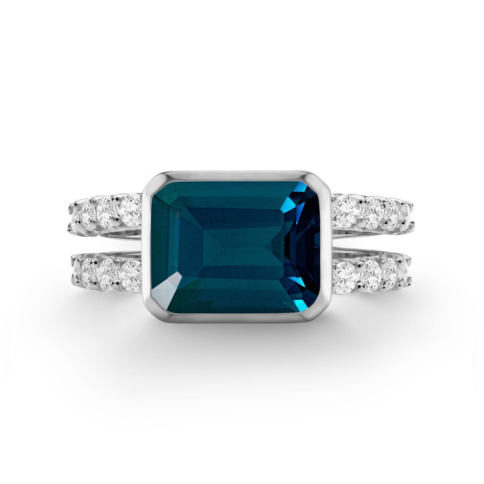 Warren Horizontal Atlantic Blue Topaz Ring with Diamonds, featuring an 8 x 10mm Atlantic Blue Topaz and 16 prong-set diamonds in 14k white gold
