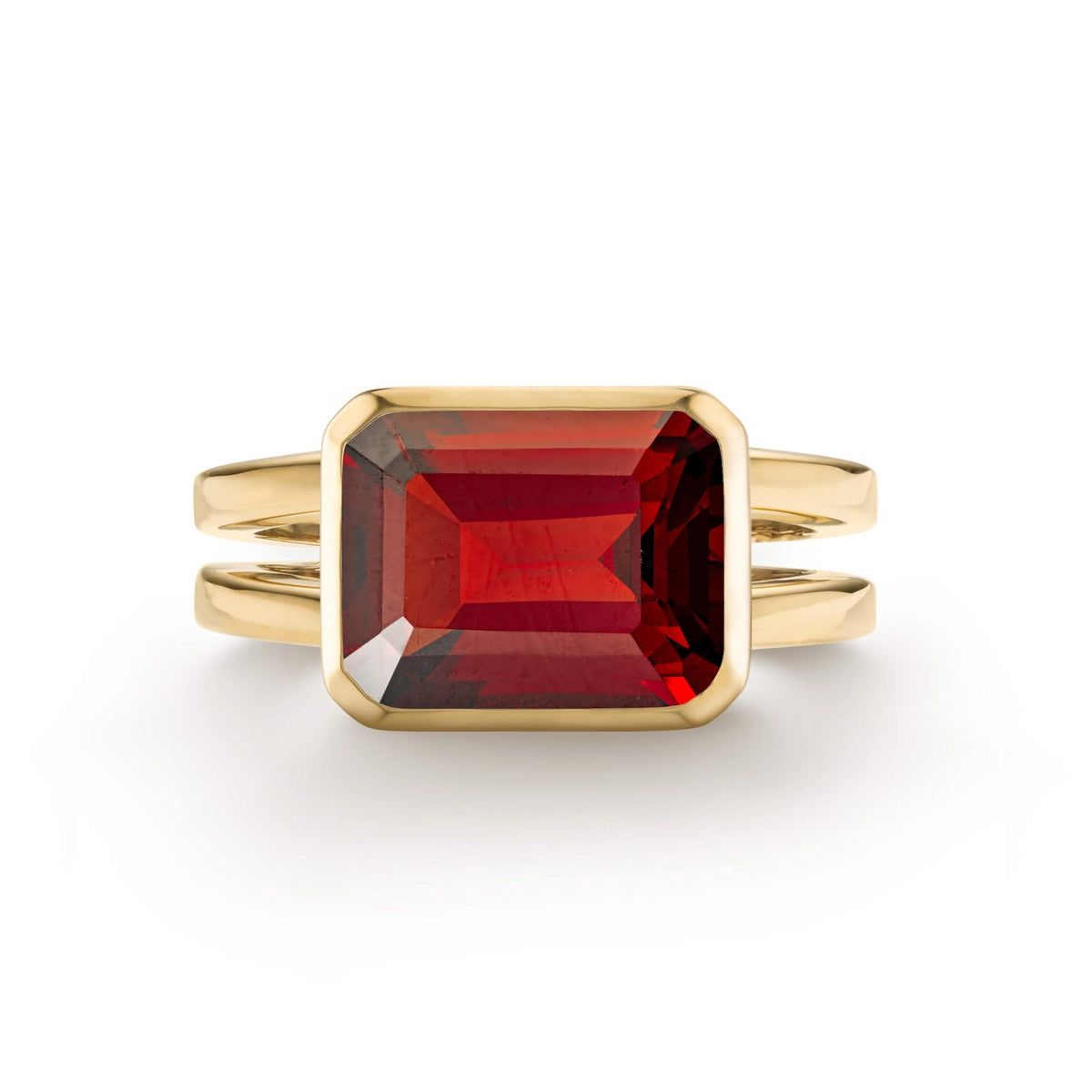 Warren Horizontal Garnet Ring, featuring an emerald-cut 8 x 10mm Garnet in 14k gold, hand-set horizontally in a 14k-gold bezel - front view.