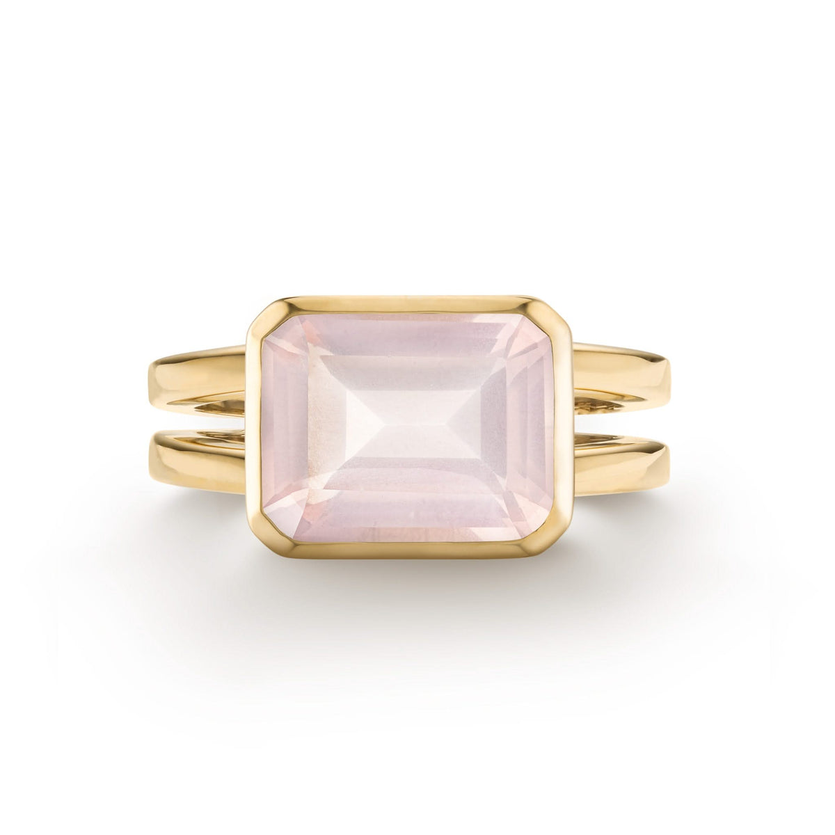 Warren Horizontal Rose Quartz Ring, featuring an emerald-cut 8 x 10mm Rose Quartz in 14k gold, hand-set horizontally in a 14k-gold bezel - front view.