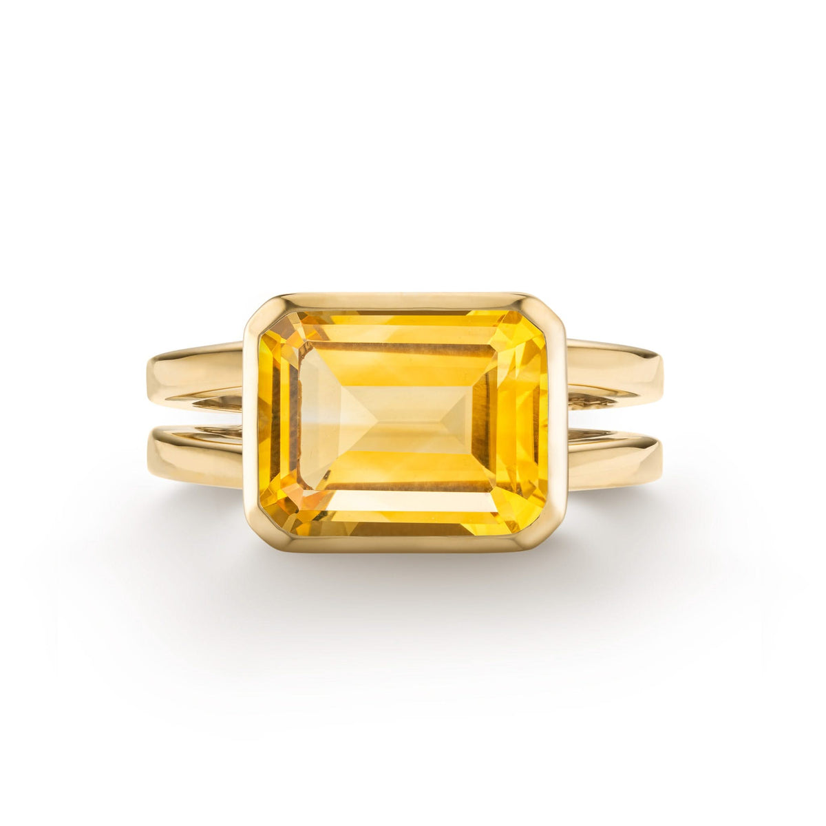 Warren Horizontal Citrine Ring, featuring an Citrine-cut 8 x 10mm Citrine in 14k gold, hand-set horizontally in a 14k-gold bezel - front view.