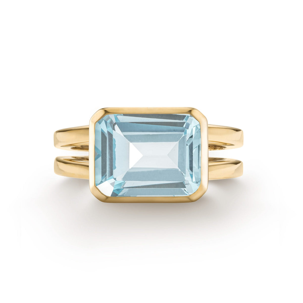 Warren Horizontal Nantucket Blue Topaz Ring, featuring an emerald-cut 8 x 10mm Nantucket Blue Topaz in 14k gold, hand-set horizontally in a 14k-gold bezel - front view.