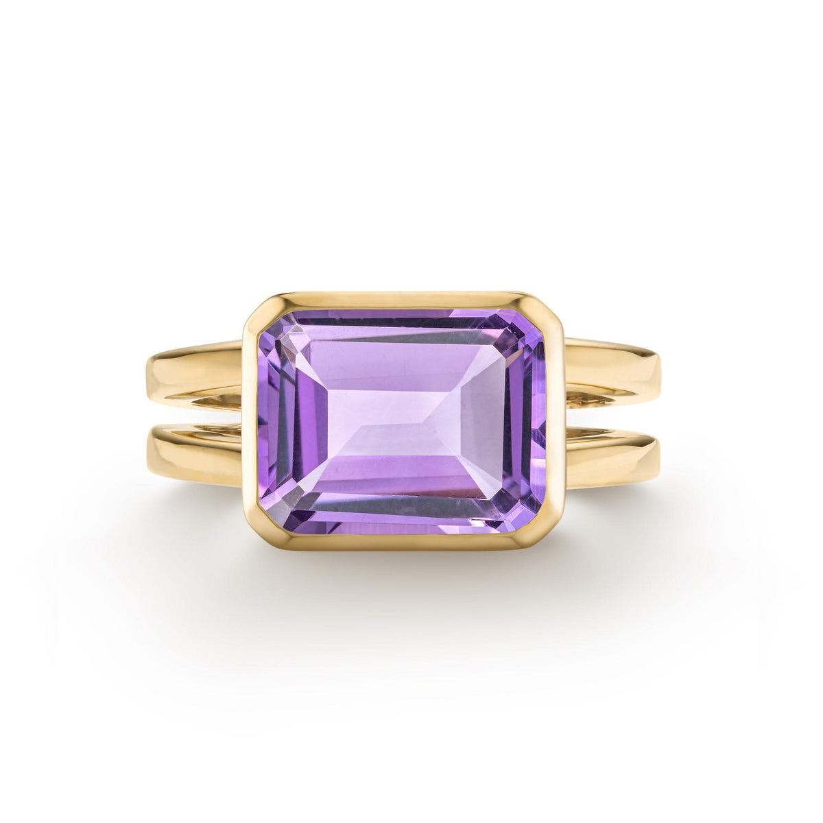 Warren Horizontal Amethyst Ring in 14k gold, featuring a hand-faceted, bezel-set 8x10mm amethyst - front view