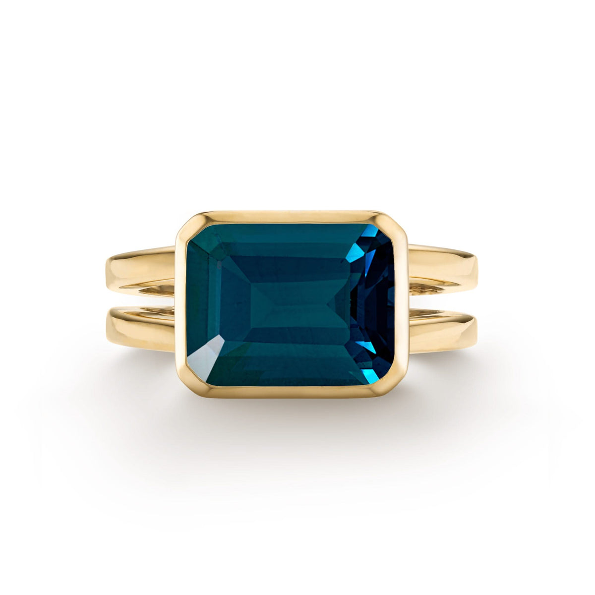 Warren Horizontal Atlantic Blue Topaz Ring, featuring an Atlantic Blue Topaz-cut 8 x 10mm Atlantic Blue Topaz in 14k gold, hand-set horizontally in a 14k-gold bezel - front view.