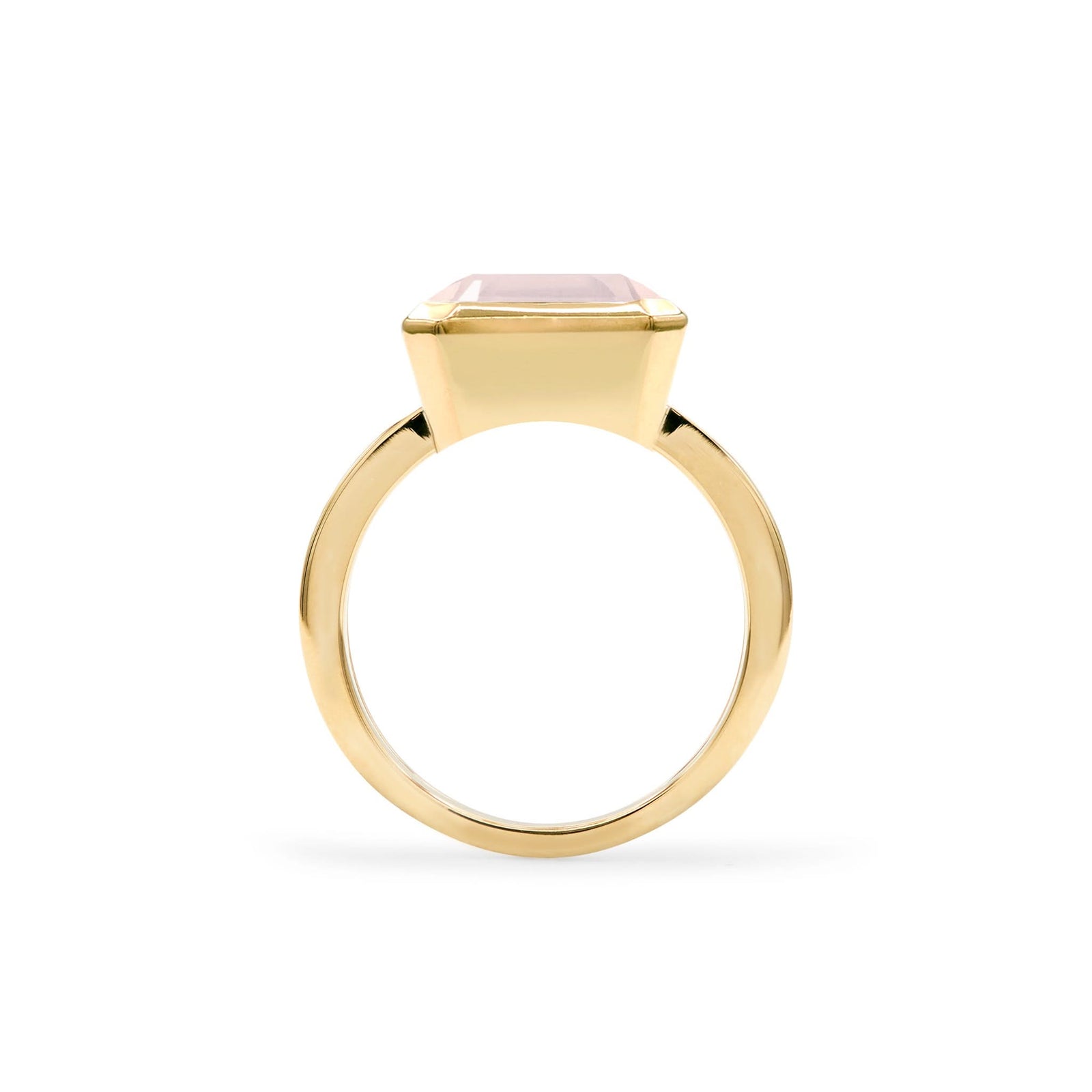 Warren Horizontal Rose Quartz Ring, featuring an emerald-cut 8 x 10mm Rose Quartz in 14k gold, hand-set horizontally in a 14k-gold bezel - standing view.