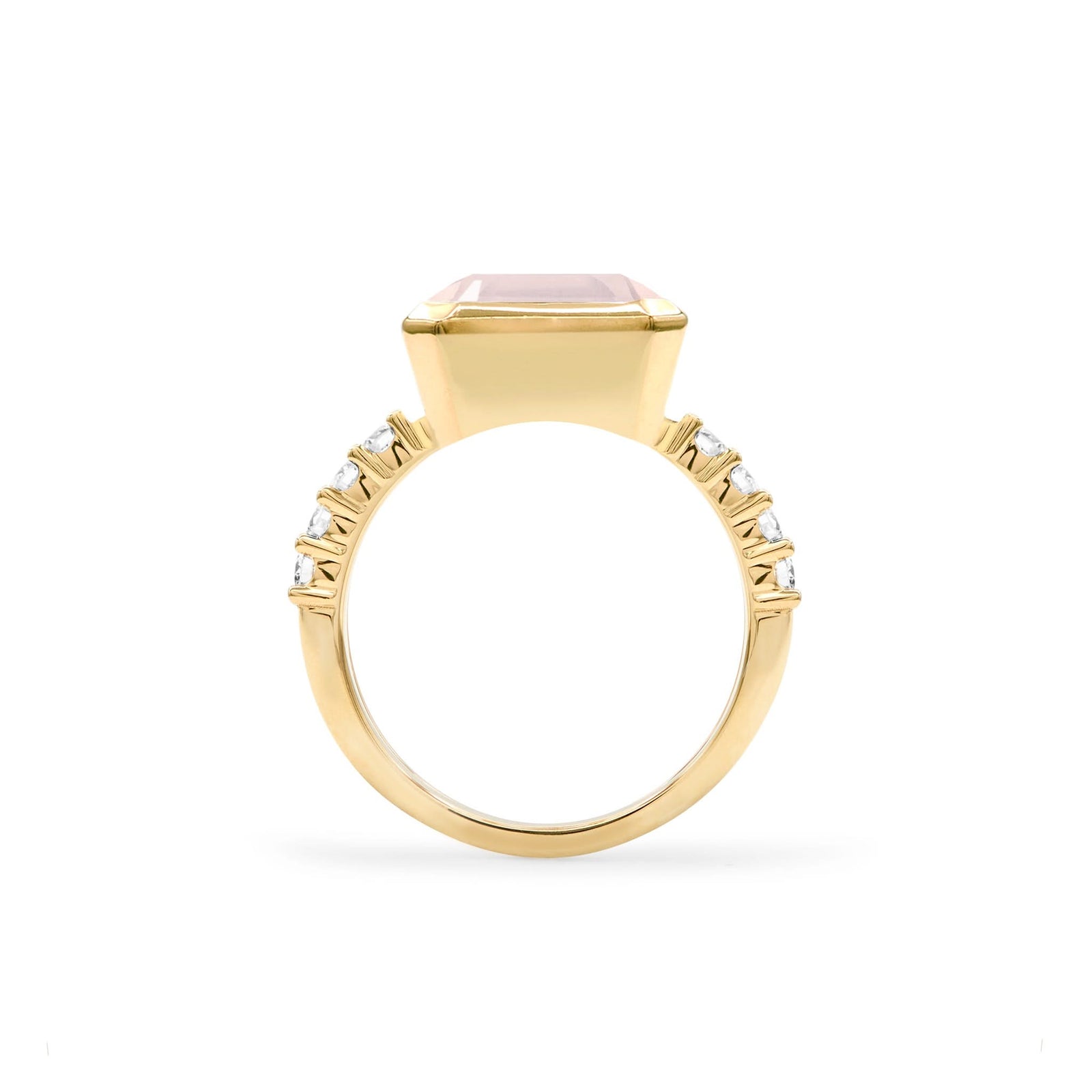 Warren Horizontal Rose Quartz Ring with Diamonds, featuring an 8 x 10mm Rose Quartz and 16 prong-set diamonds in 14k gold - standing view.