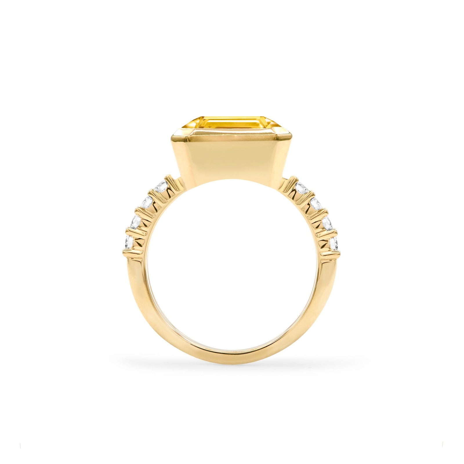 Warren Horizontal Citrine Ring with Diamonds, featuring an 8 x 10mm Citrine and 16 prong-set diamonds in 14k gold - standing view.