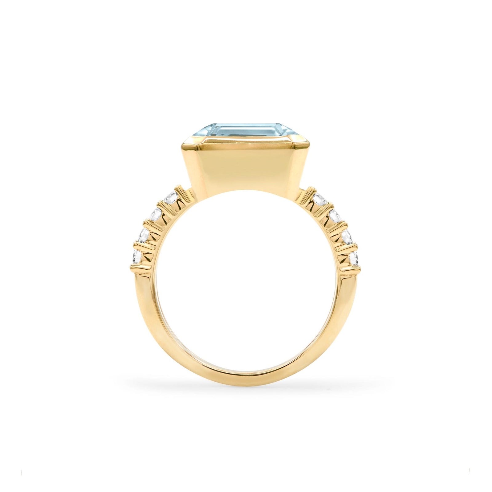 Warren Horizontal Nantucket Blue Topaz Ring with Diamonds, featuring an 8 x 10mm Nantucket Blue Topaz and 16 prong-set diamonds in 14k gold - standing view.