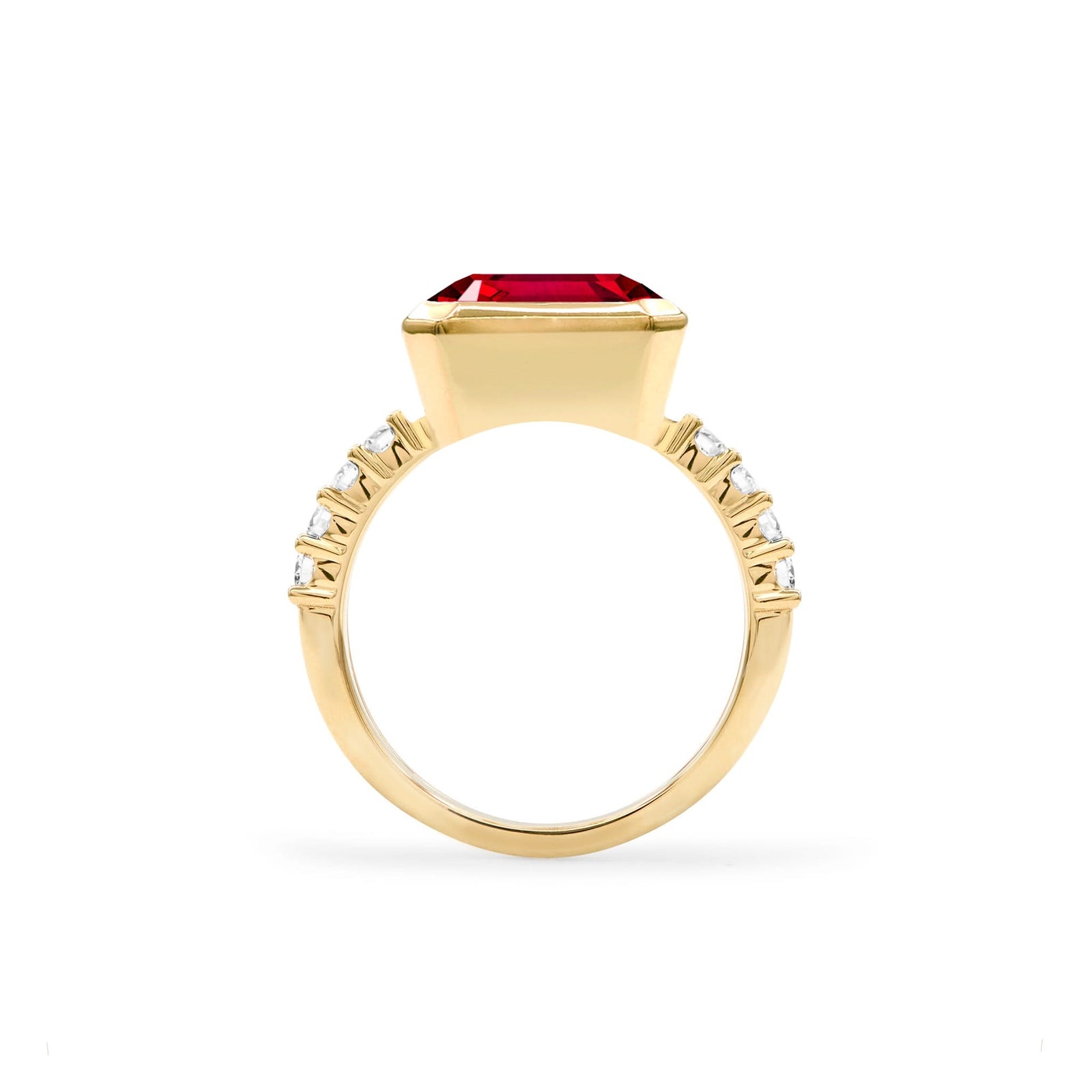 Warren Horizontal Ruby Ring with Diamonds, featuring an 8 x 10mm Ruby and 16 prong-set diamonds in 14k gold - standing view.