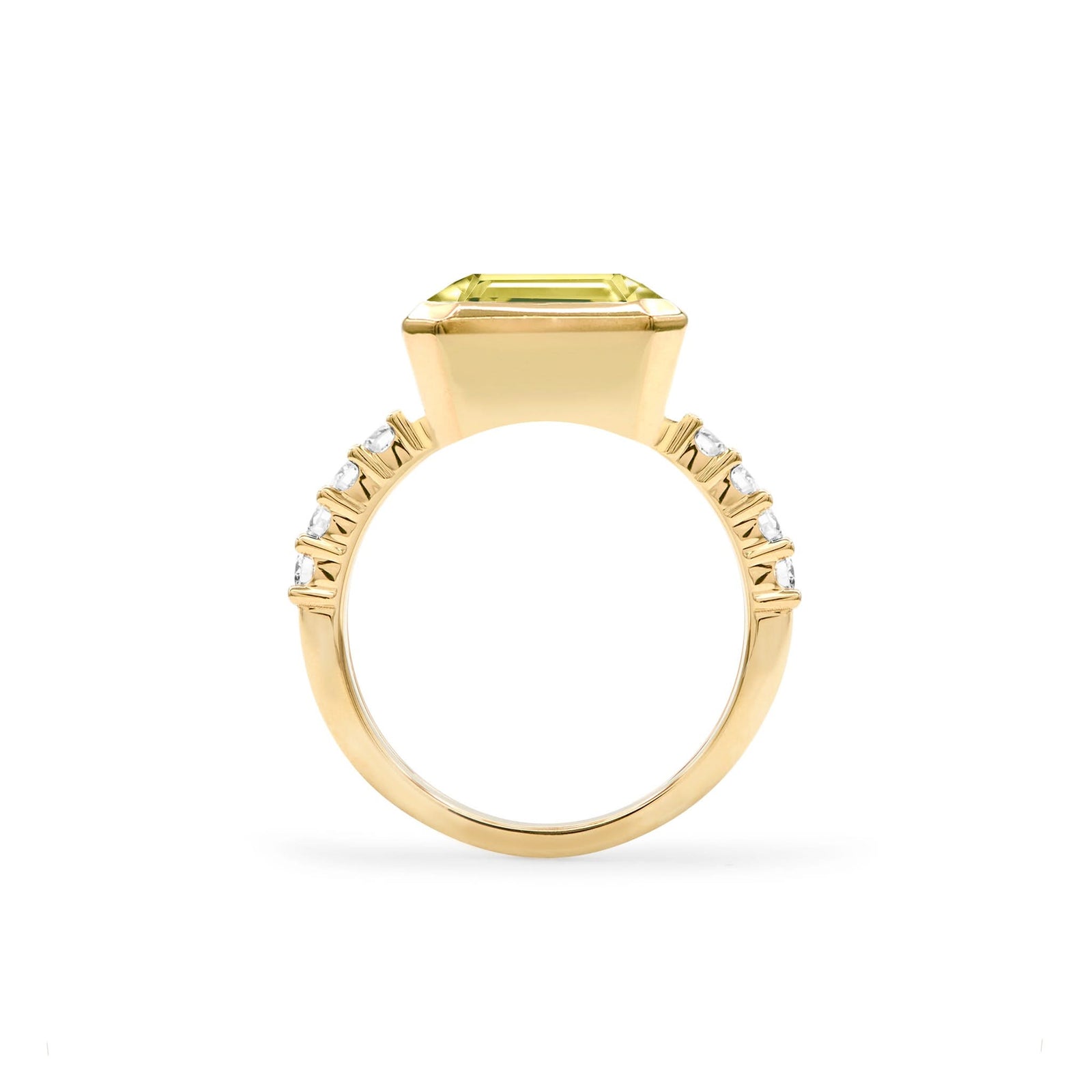 Warren Horizontal Lemon Verbena Quartz Ring with Diamonds, featuring an 8 x 10mm Lemon Verbena Quartz and 16 prong-set diamonds in 14k gold - standing view.