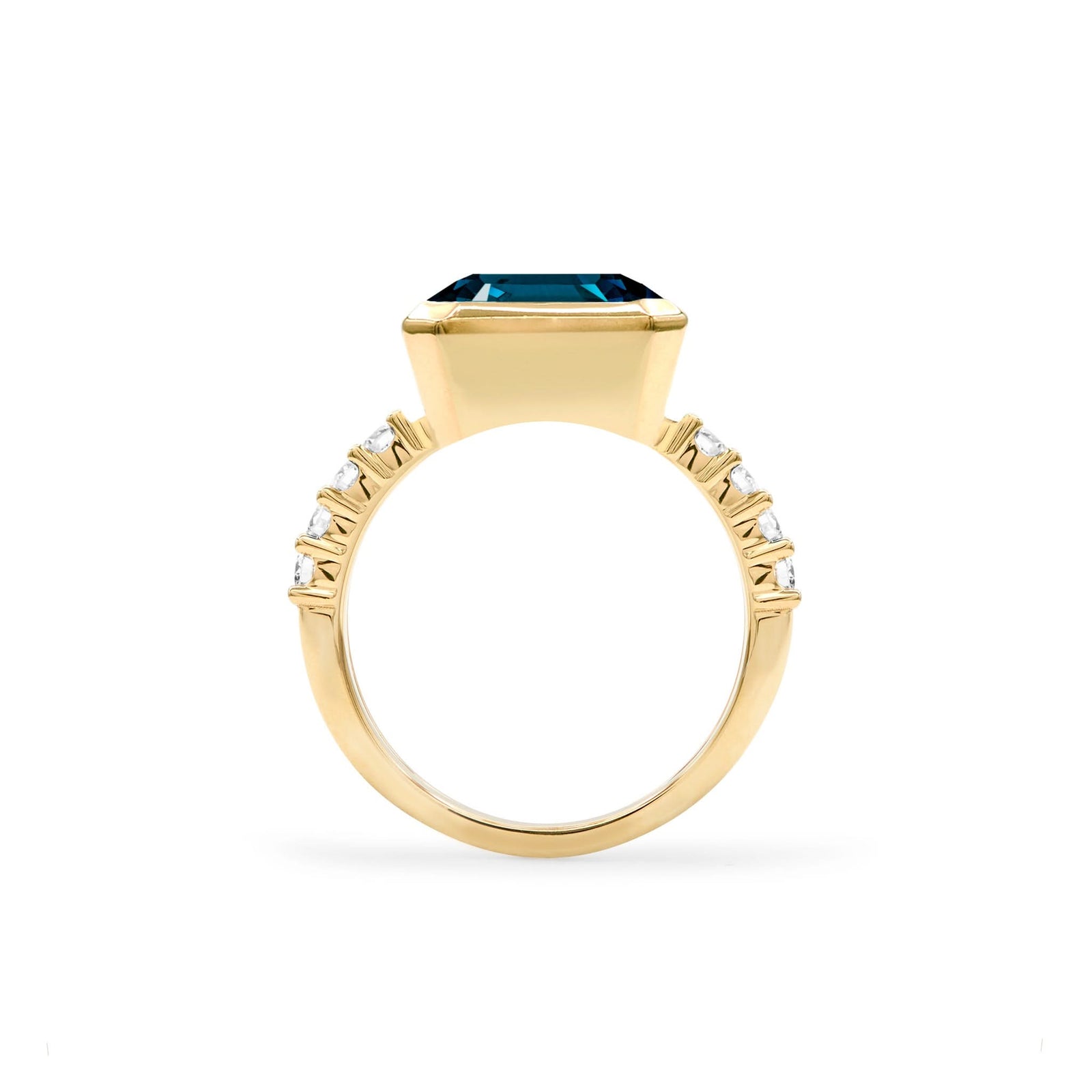 Warren Horizontal Atlantic Blue Topaz Ring with Diamonds, featuring an 8 x 10mm Atlantic Blue Topaz and 16 prong-set diamonds in 14k gold - standing view.