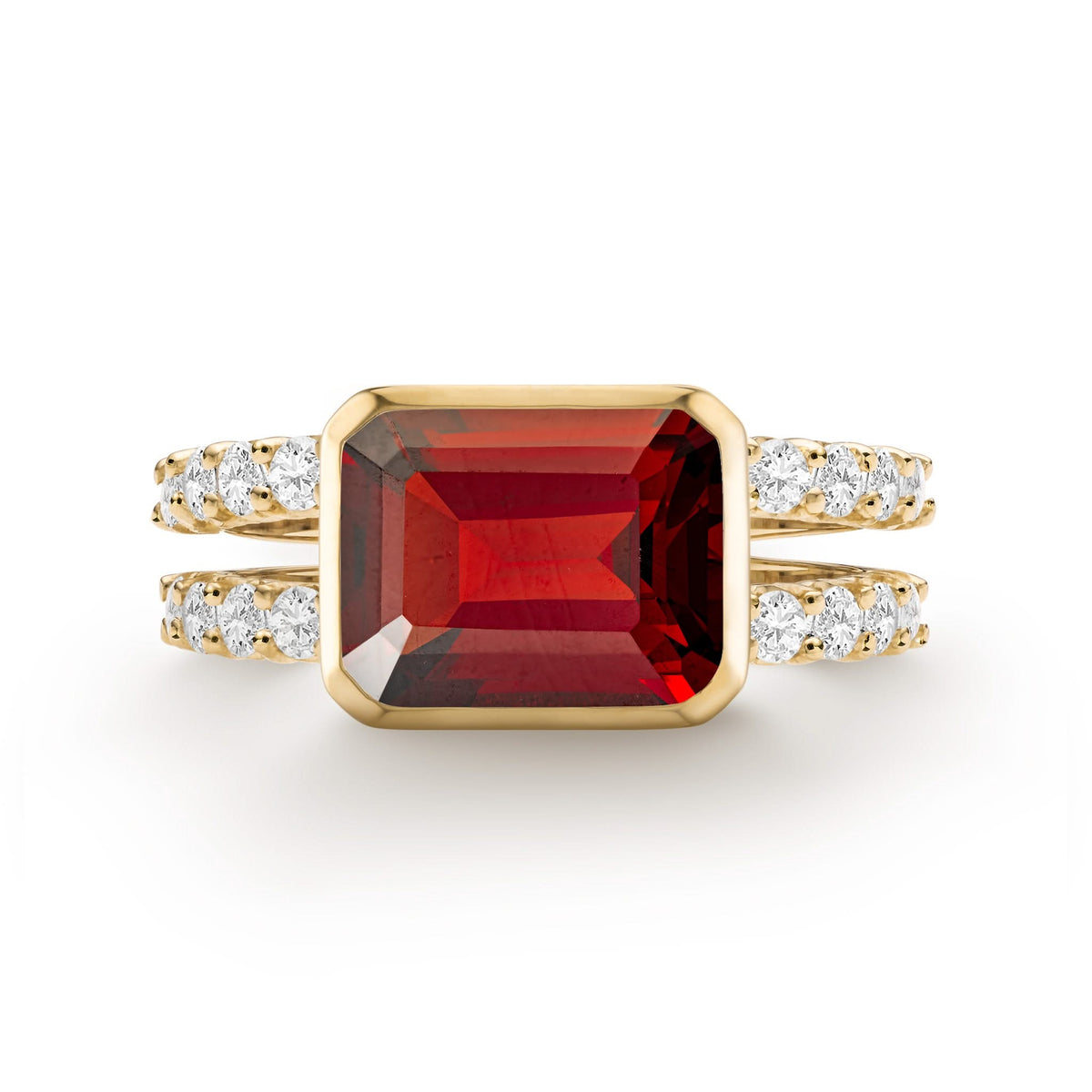 Warren Horizontal Garnet Ring with Diamonds, featuring an 8 x 10mm Garnet and 16 prong-set diamonds in 14k gold - front view.