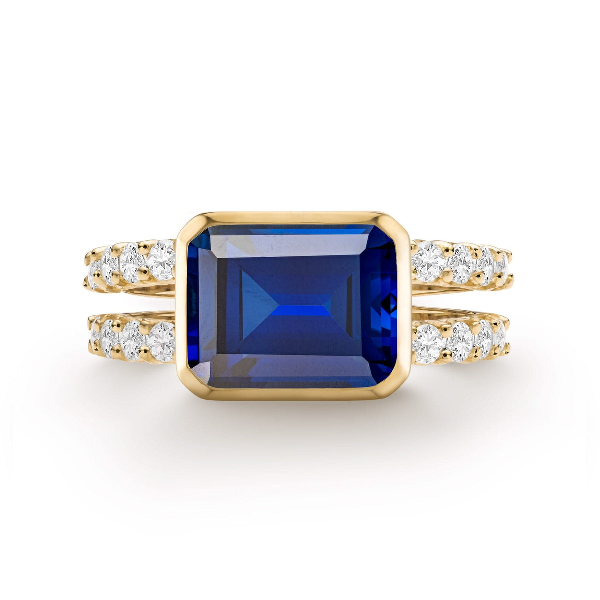 Warren Horizontal Sapphire Ring with Diamonds, featuring an 8 x 10mm Sapphire and 16 prong-set diamonds in 14k gold - front view.
