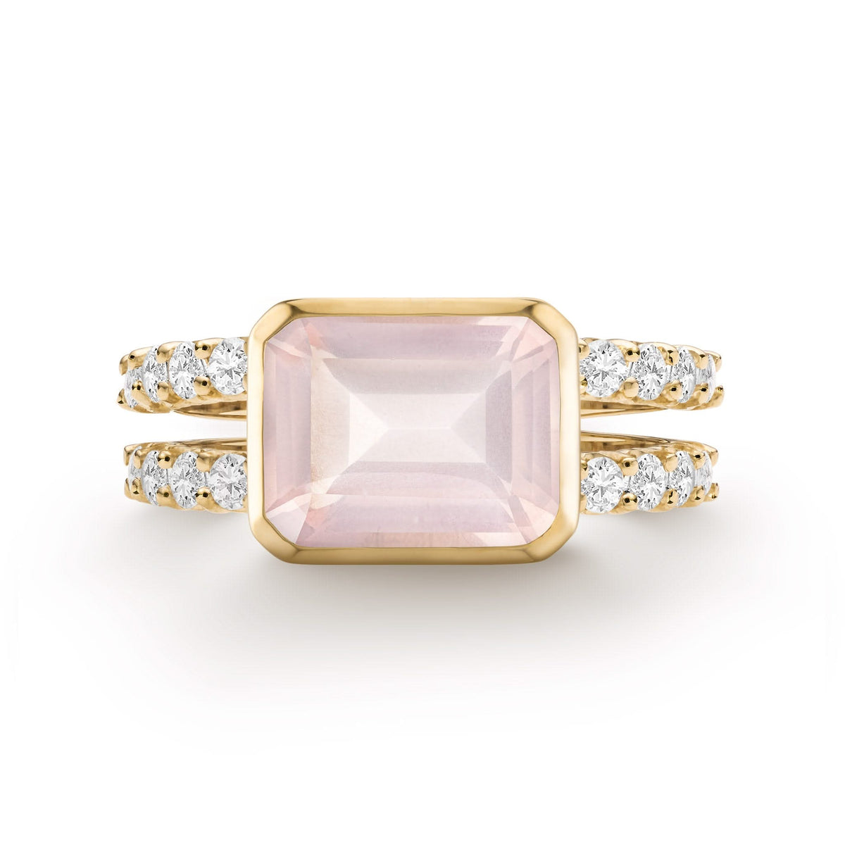Warren Horizontal Rose Quartz Ring with Diamonds, featuring an 8 x 10mm Rose Quartz and 16 prong-set diamonds in 14k gold - front view.