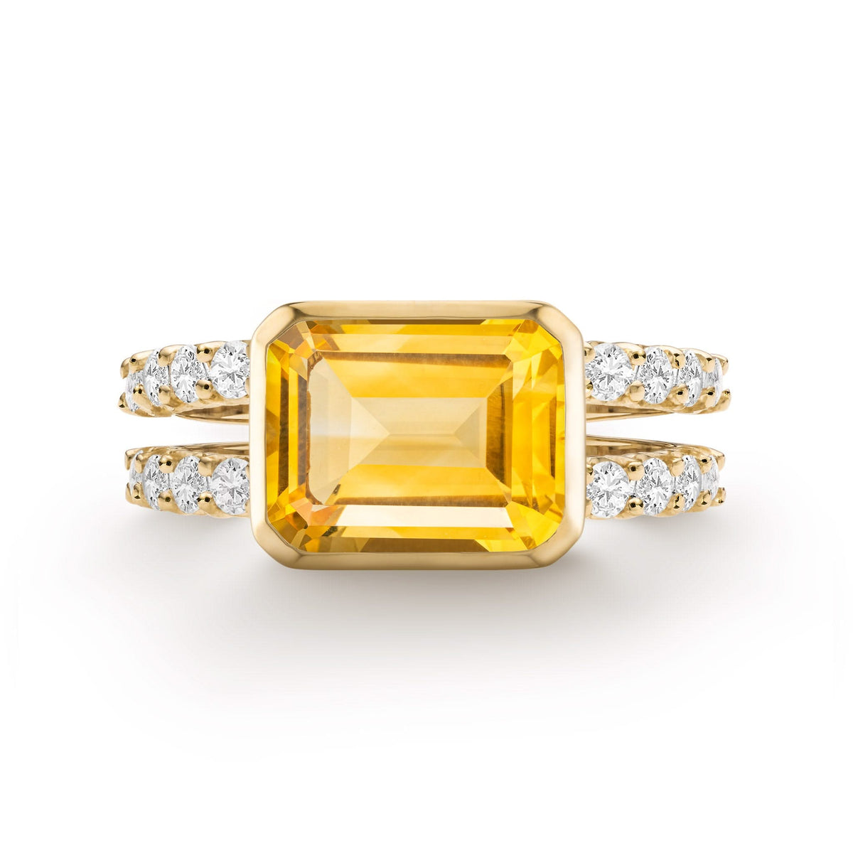 Warren Horizontal Citrine Ring with Diamonds, featuring an 8 x 10mm Citrine and 16 prong-set diamonds in 14k gold - front view.