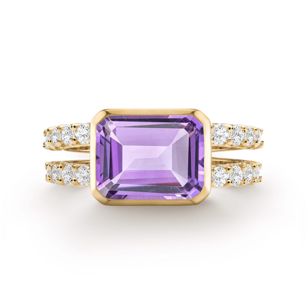 14k yellow gold Warren Horizontal Amethyst Ring with Diamonds, featuring an 8 x 10mm amethyst and 16 prong-set diamonds - front view