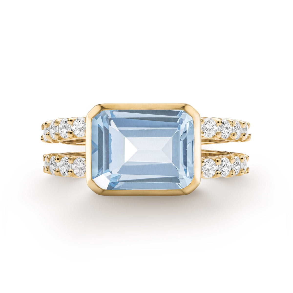 Warren Horizontal Aquamarine Ring with Diamonds, featuring an 8 x 10mm Aquamarine and 16 prong-set diamonds in 14k gold - front view.