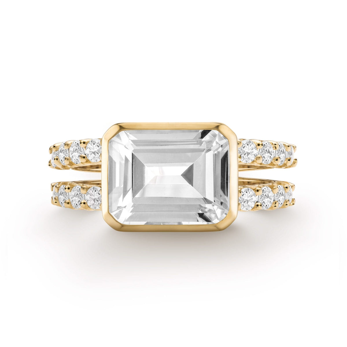 Personalized Warren Horizontal Birthstone Ring with a stunning emerald-cut birthstone, set horizontally and accented with 16 prong-set gemstones in solid 14k gold - front view