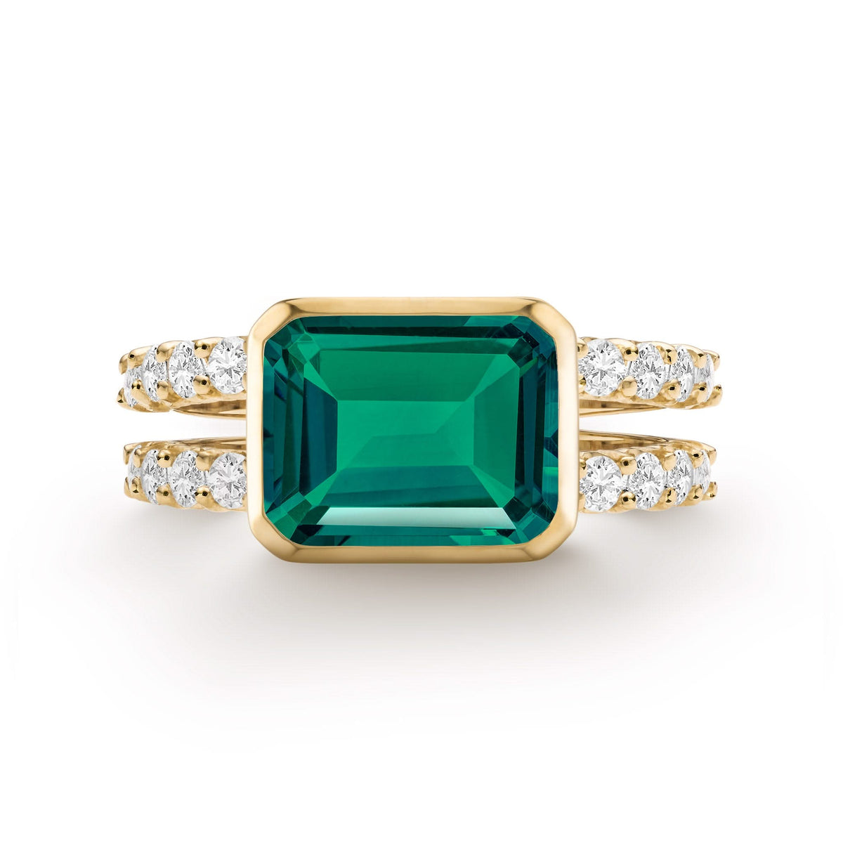 Warren Horizontal Emerald Ring with Diamonds, featuring an 8 x 10mm Emerald and 16 prong-set diamonds in 14k gold - front view.