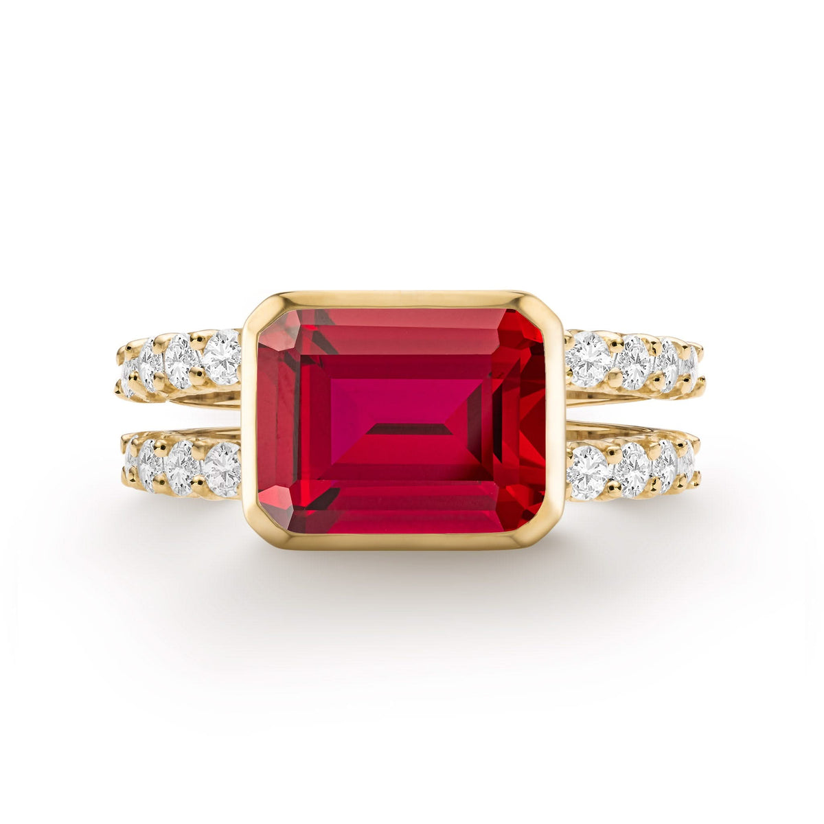 Warren Horizontal Ruby Ring with Diamonds, featuring an 8 x 10mm Ruby and 16 prong-set diamonds in 14k gold - front view.