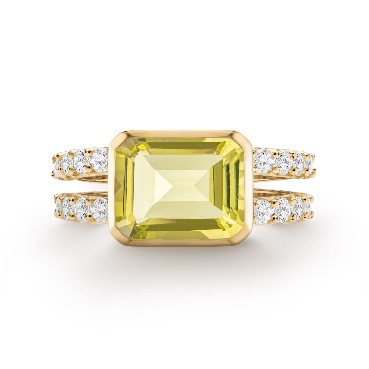 Warren Horizontal Lemon Verbena Quartz Ring with Diamonds, featuring an 8 x 10mm Lemon Verbena Quartz and 16 prong-set diamonds in 14k gold - front view.