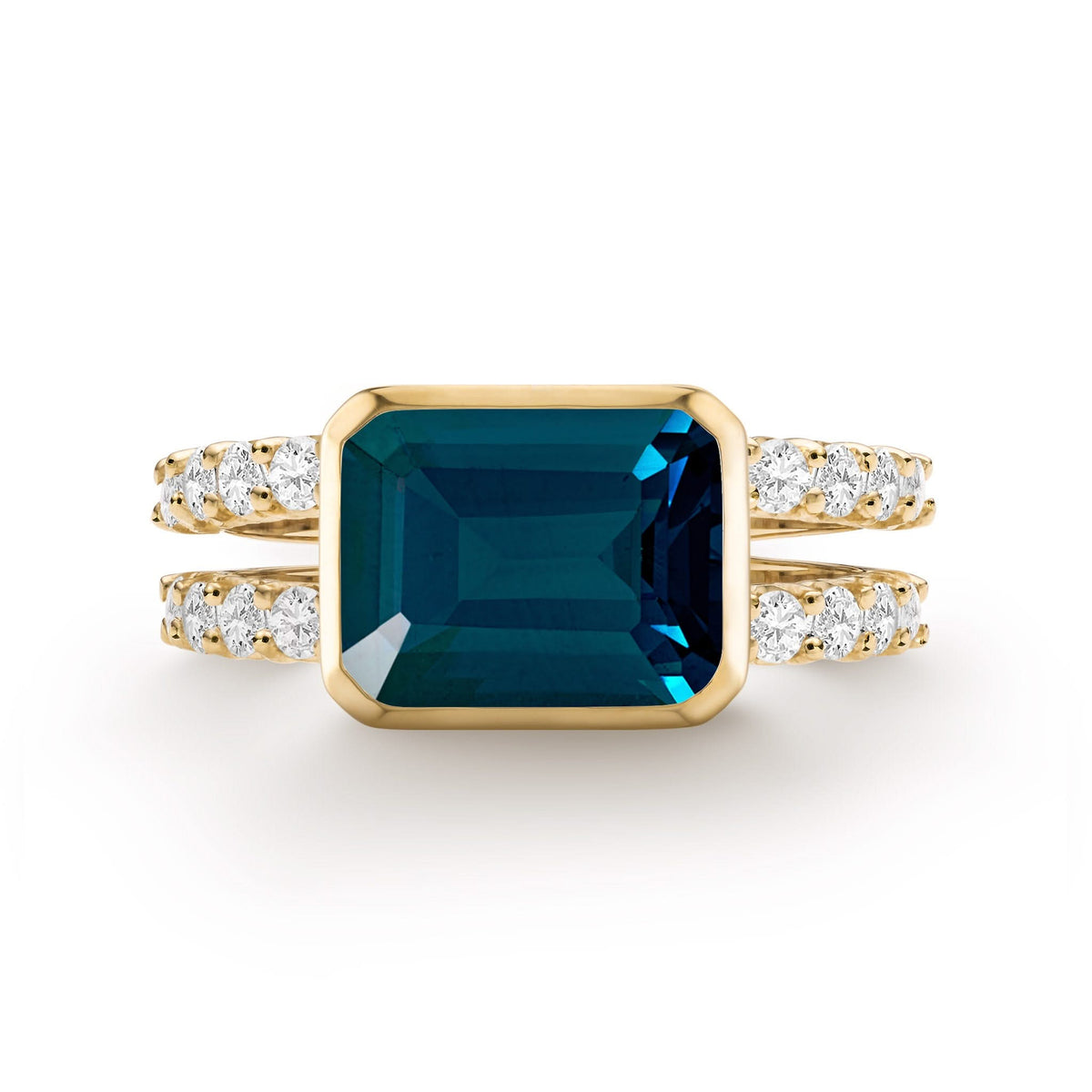 Warren Horizontal Atlantic Blue Topaz Ring with Diamonds, featuring an 8 x 10mm Atlantic Blue Topaz and 16 prong-set diamonds in 14k gold - front view.