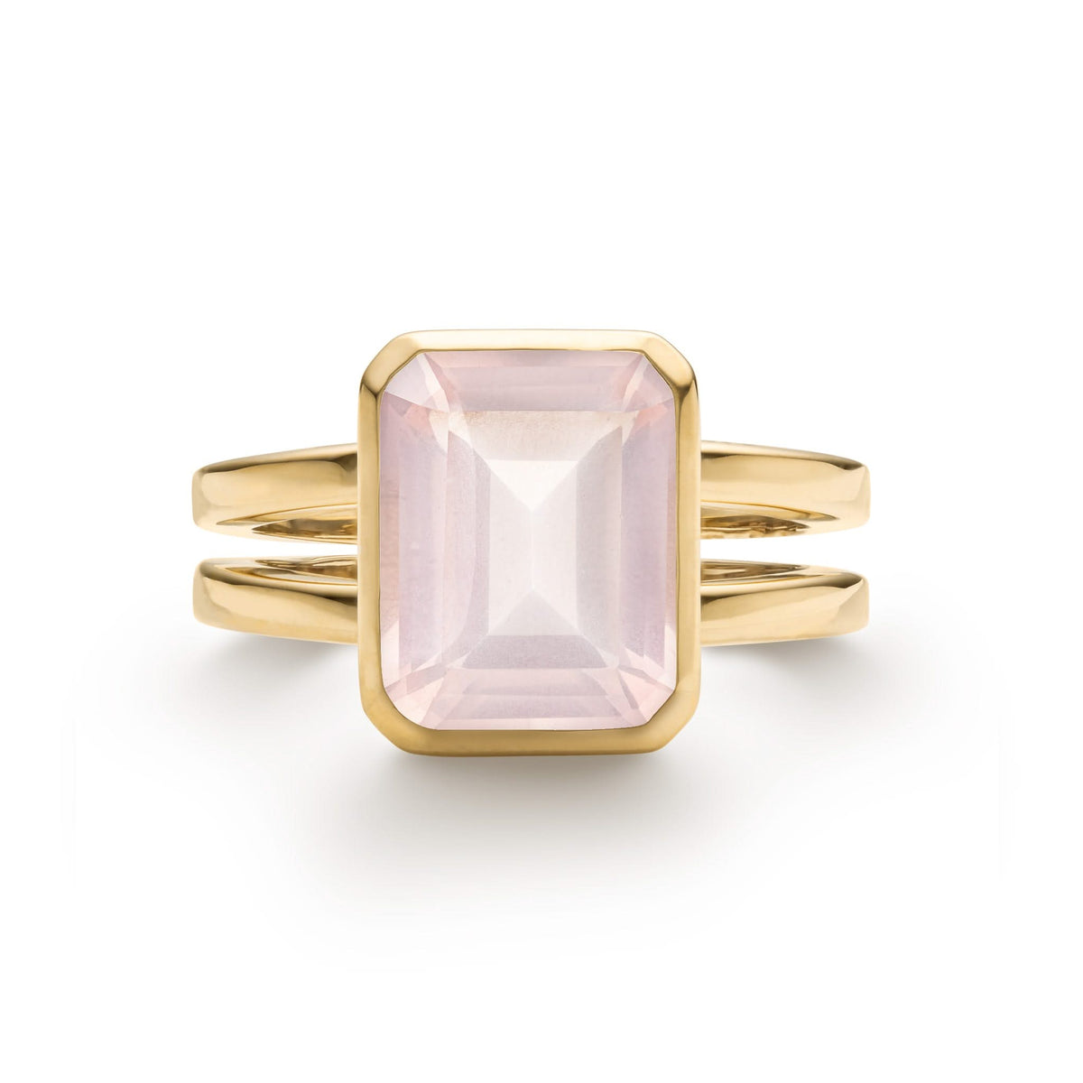 Warren ring in 14k yellow gold featuring one 10 x 8 mm emerald cut bezel set rose quartz - front view