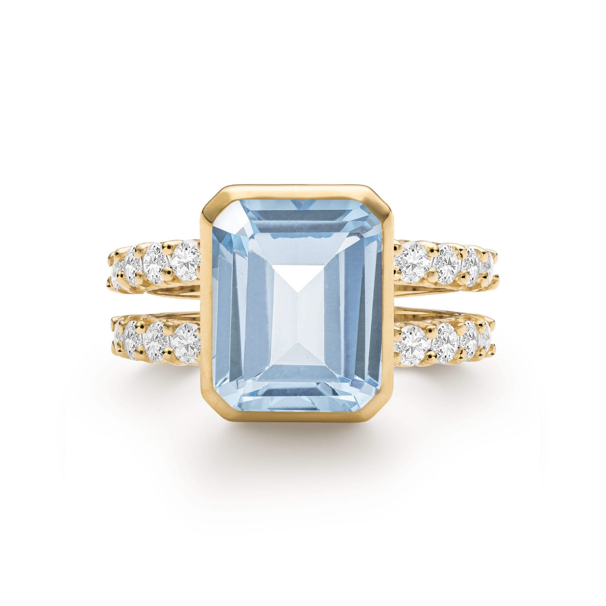 Warren ring in 14k yellow gold with accent diamonds featuring one 10 x 8 mm emerald cut bezel set aquamarine - front view