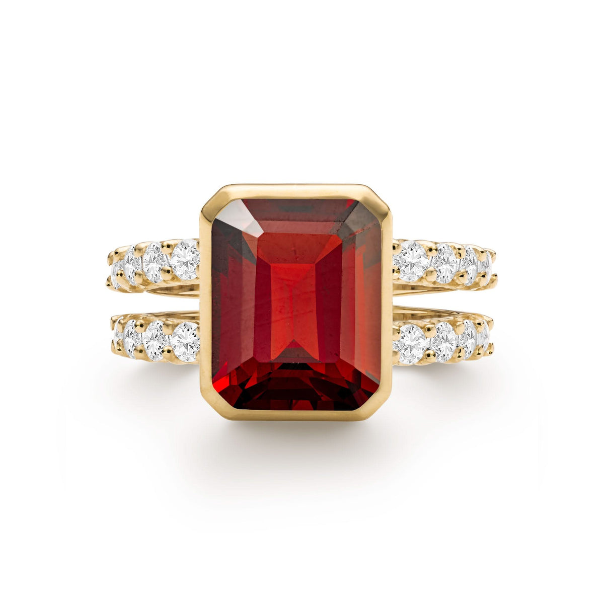 Warren ring in 14k yellow gold with accent diamonds featuring one 10 x 8 mm emerald cut bezel set garnet - front view