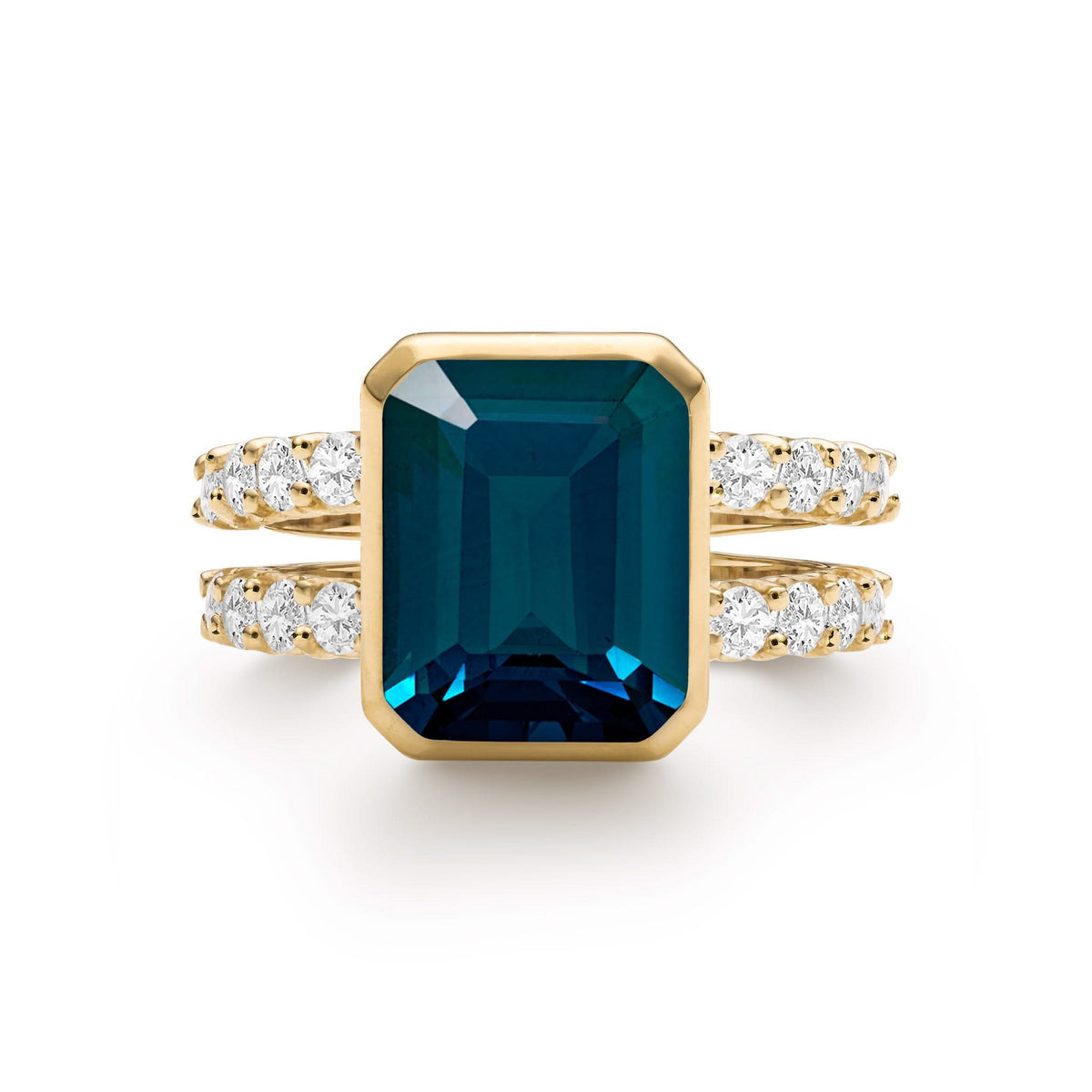 Warren ring in 14k yellow gold with accent diamonds featuring one 10 x 8 mm emerald cut Atlantic Blue Topaz - front view