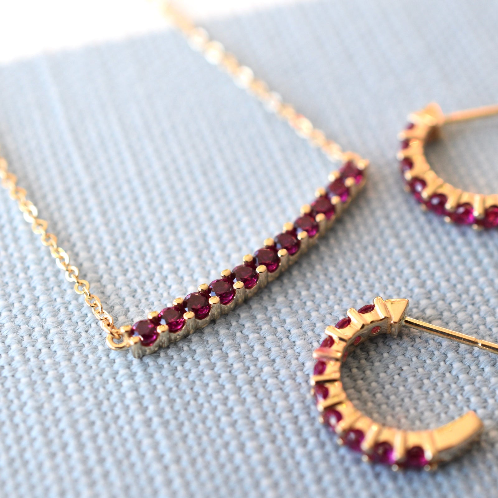 Rosecliff Ruby Bar Necklace and Huggie Hoop Earrings Set in 14k Gold (July)