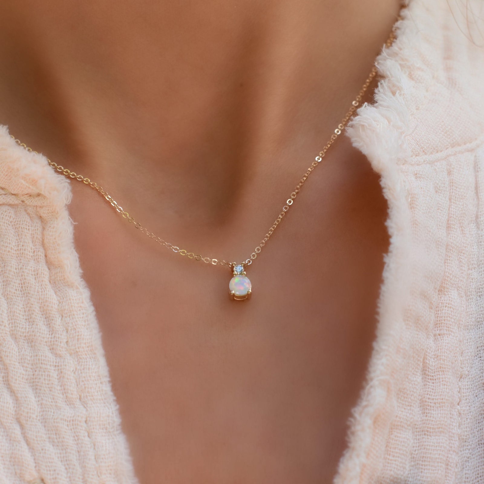 The Vault: Greenwich Solitaire Opal & Diamond Necklace, Yellow Gold Size Small with 1" Extender