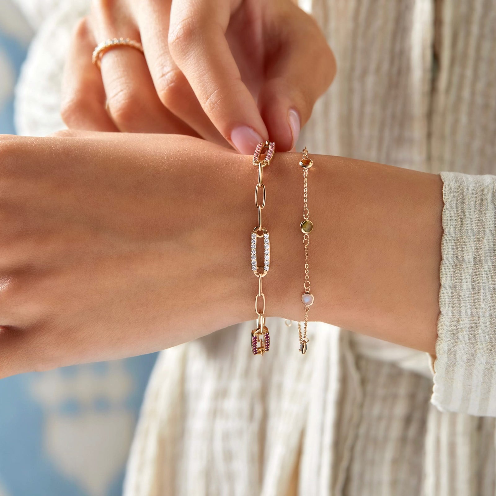 Adelaide 3 Pavé Birthstone Link Bracelet in 14k Gold