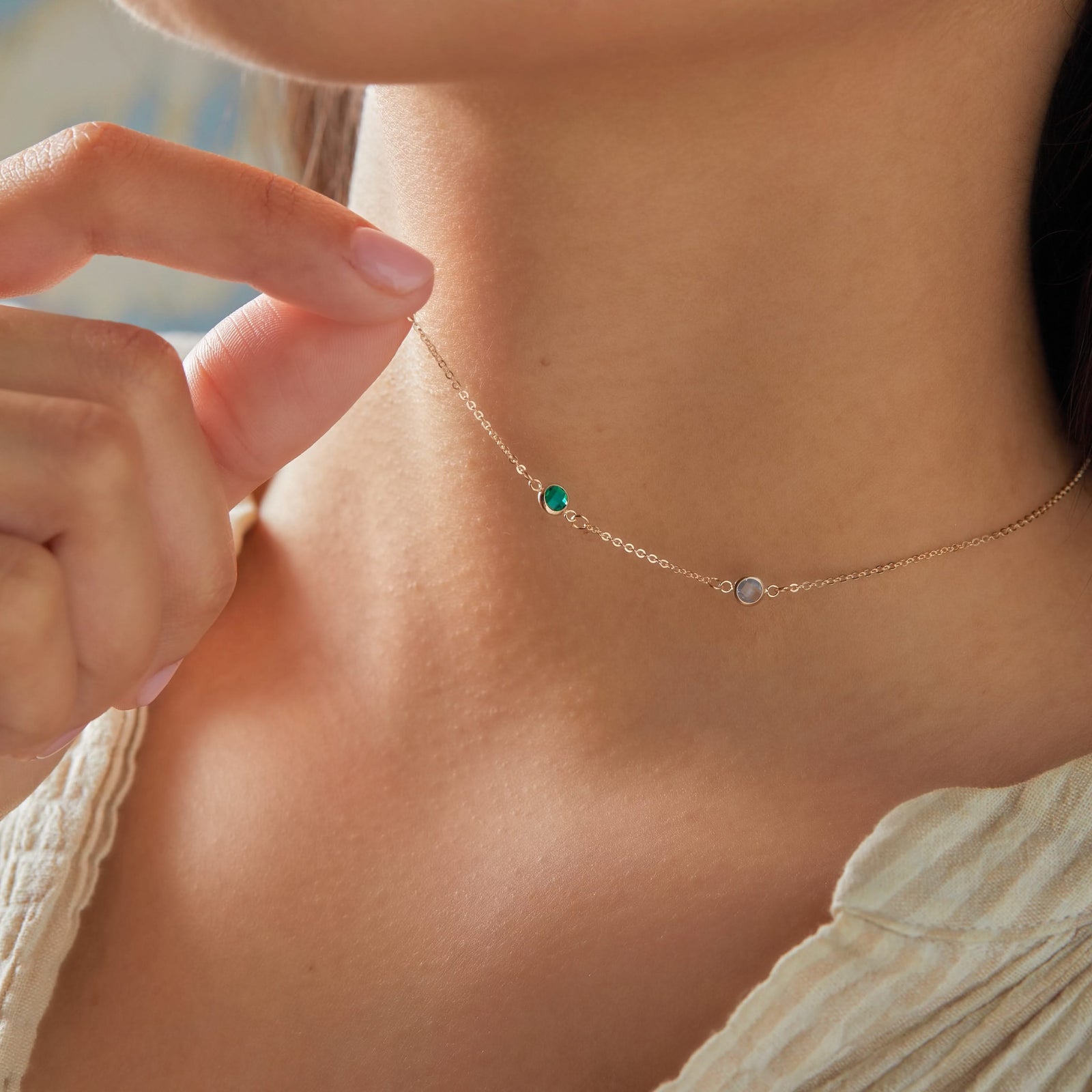 Petite 2 Birthstone Necklace in 14k Gold