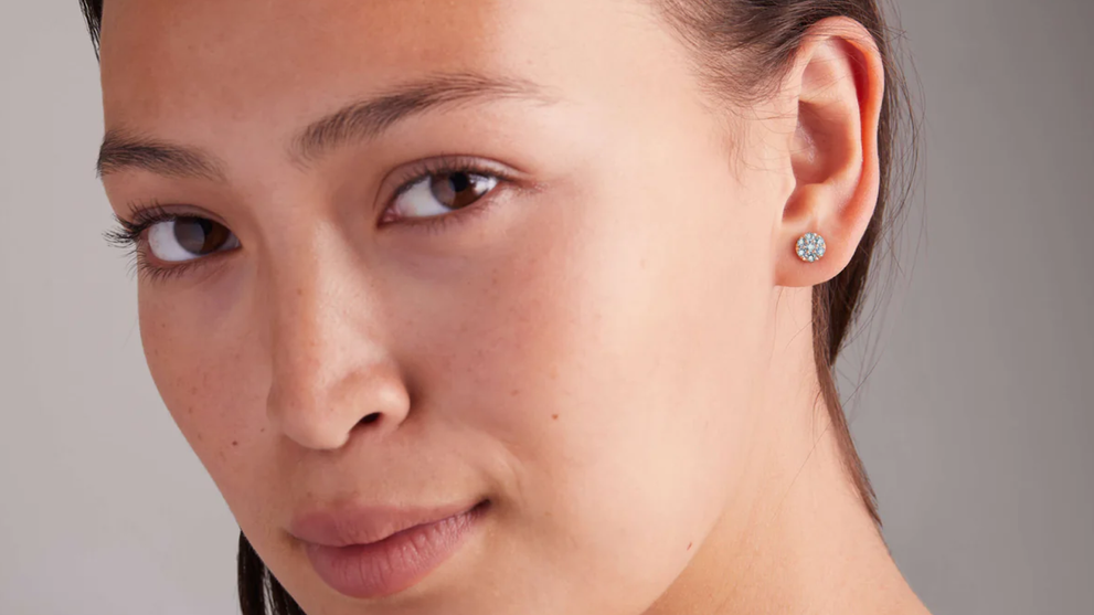 A Model Wearing Aquamarine Earrings