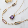 Personalized Adelaide 4 Pavé Link necklace and Warren Amethyst pendant with Adelaide Mini chain, both in 14k yellow gold.