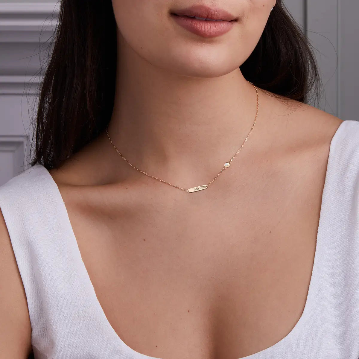 1 Nameplate & 1 Petite Opal Necklace in 14k Gold (October)
