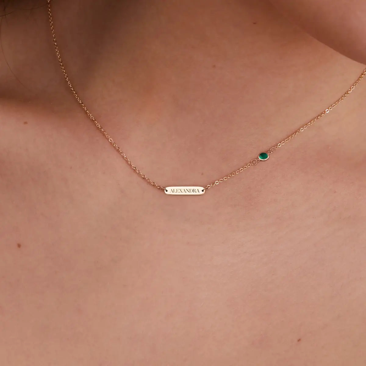 1 Nameplate & 1 Petite Emerald Necklace in 14k Gold (May)